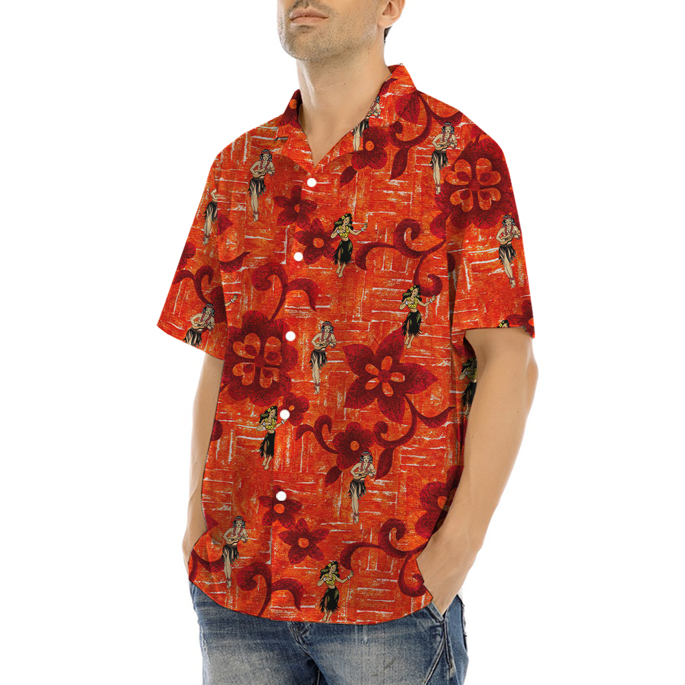 Vintage Hula Girl Dancing Orange Aloha Shirt
