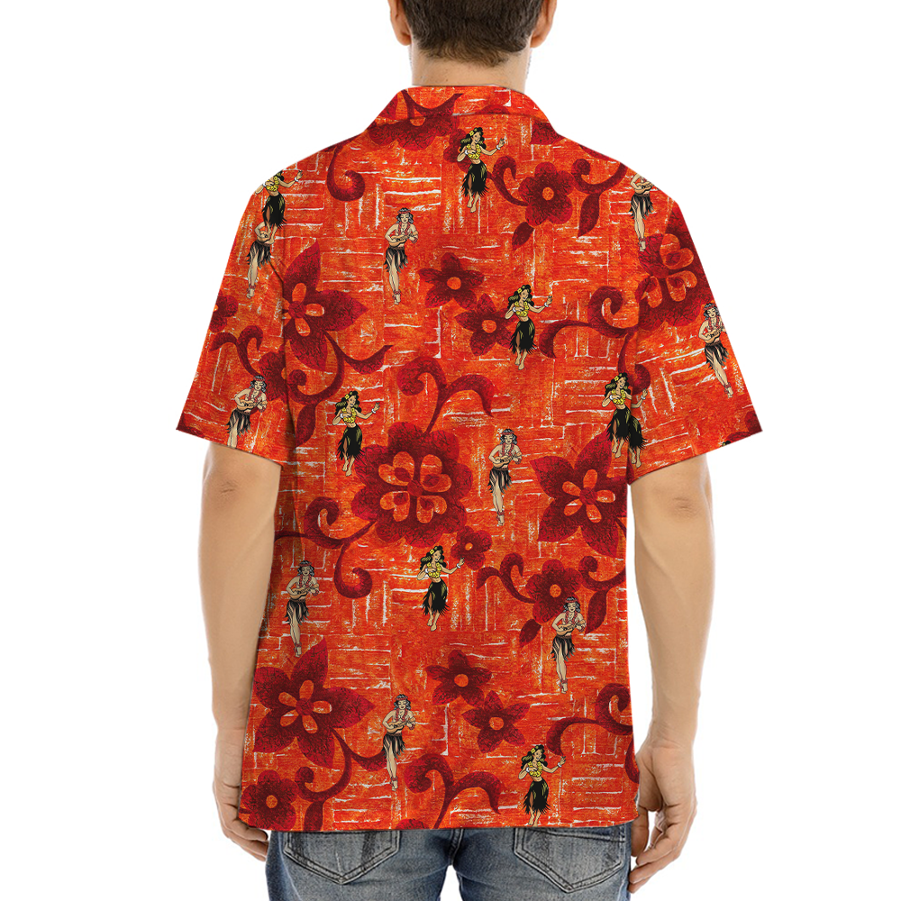 Vintage Hula Girl Dancing Orange Aloha Shirt