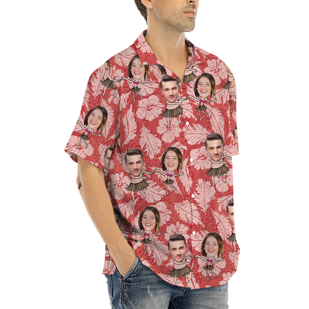 Vintage Hibiscus Custom Face Couple Hula Hawaiian Shirt