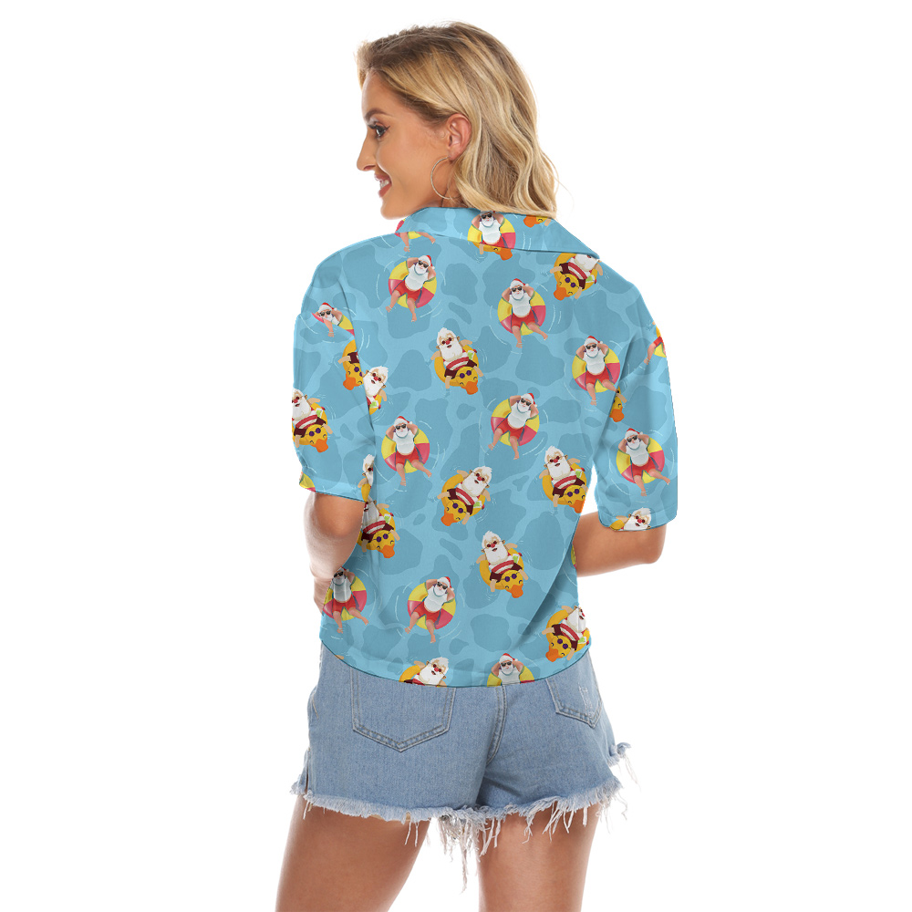 Swimming Santa Summer Xmas Blue Hawaiian Cropped Shirt