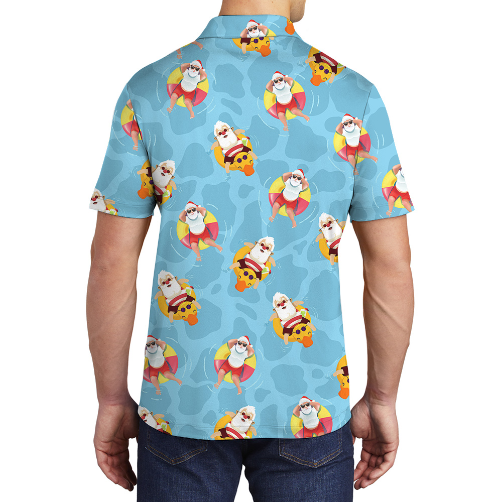 Blue Pool Santa Chrissie Hawaiian Collared Golf Shirt