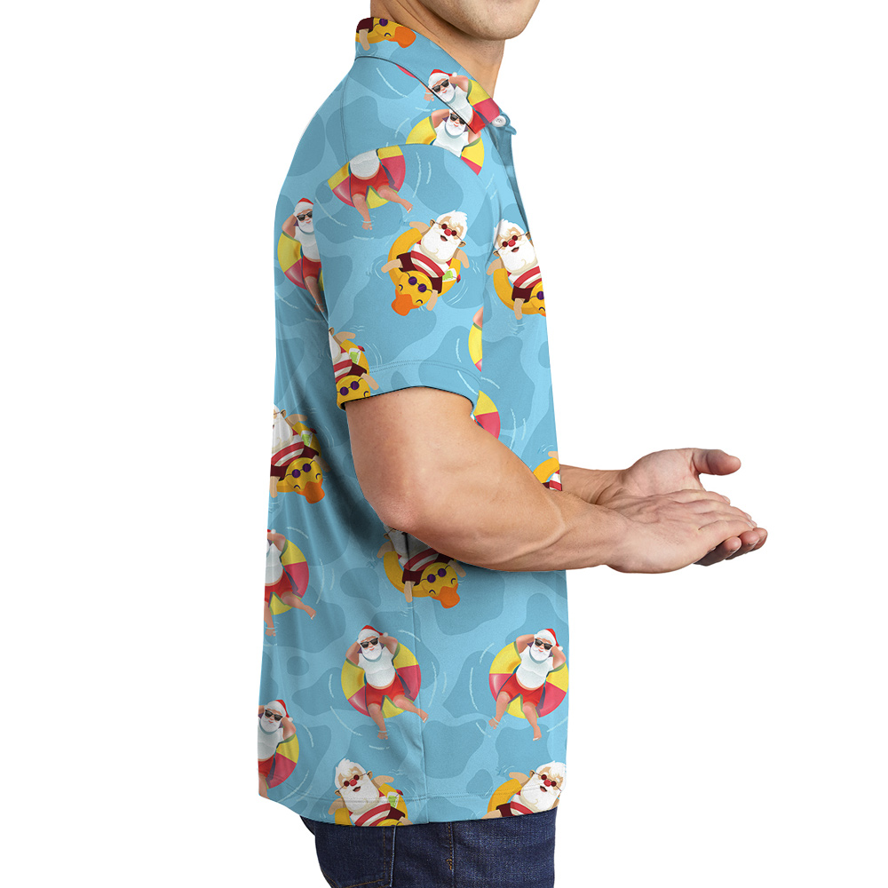 Blue Pool Santa Chrissie Hawaiian Collared Golf Shirt