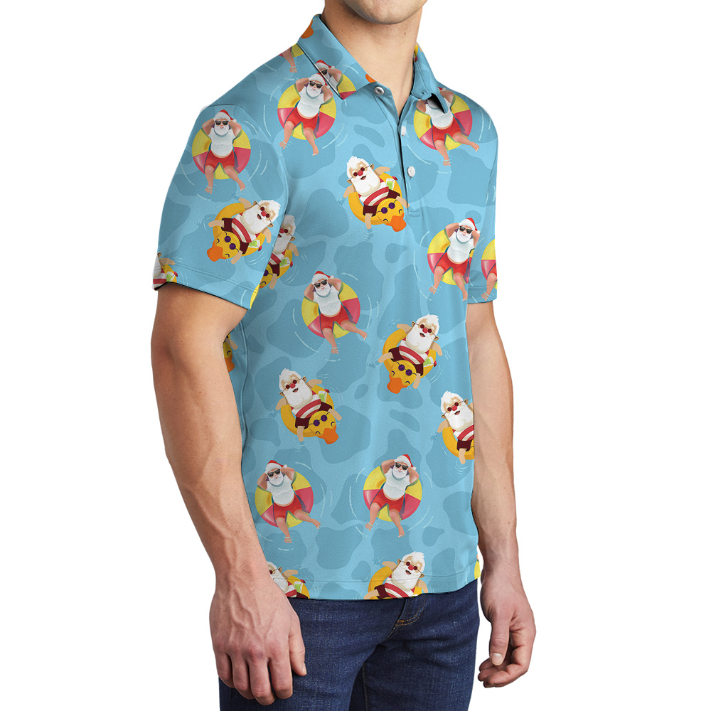 Blue Pool Santa Chrissie Hawaiian Collared Golf Shirt