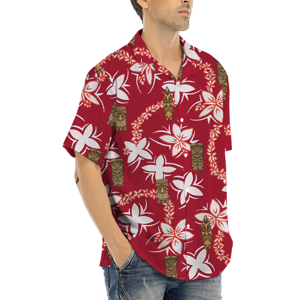 Tiki Vintage Floral Red Hawaiian Button Up Shirt