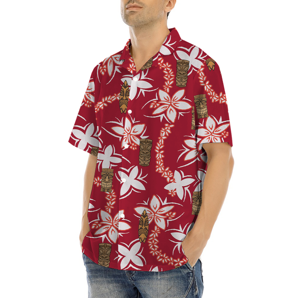 Tiki Vintage Floral Red Hawaiian Button Up Shirt