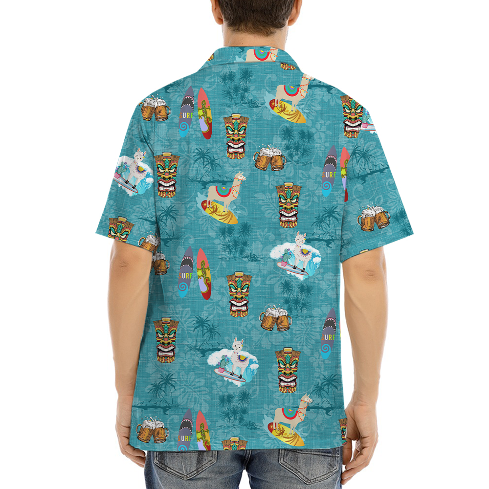 Cute Tiki Llama Vintage Tropical Blue Hawaiian Shirt