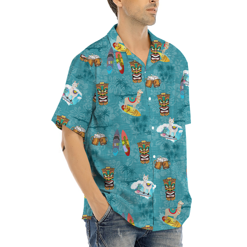 Cute Tiki Llama Vintage Tropical Blue Hawaiian Shirt