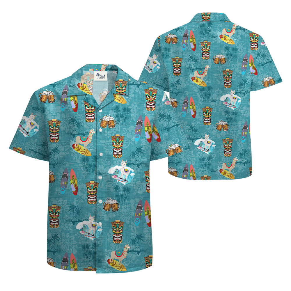 Cute Tiki Llama Vintage Tropical Blue Hawaiian Shirt