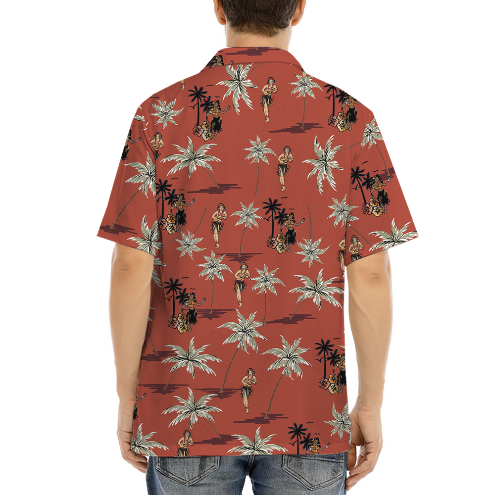 Vintage Hula Girls Orange Hawaiian Shirt