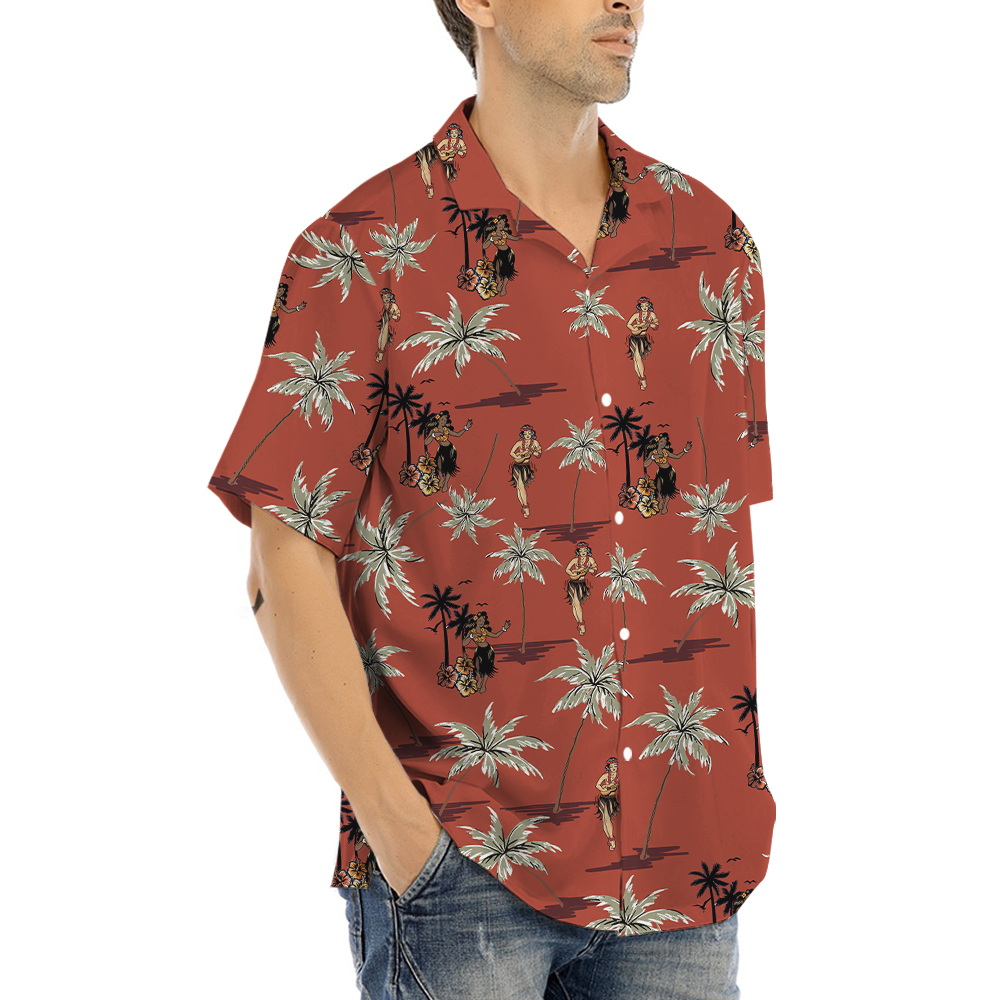Vintage Hula Girls Orange Hawaiian Shirt