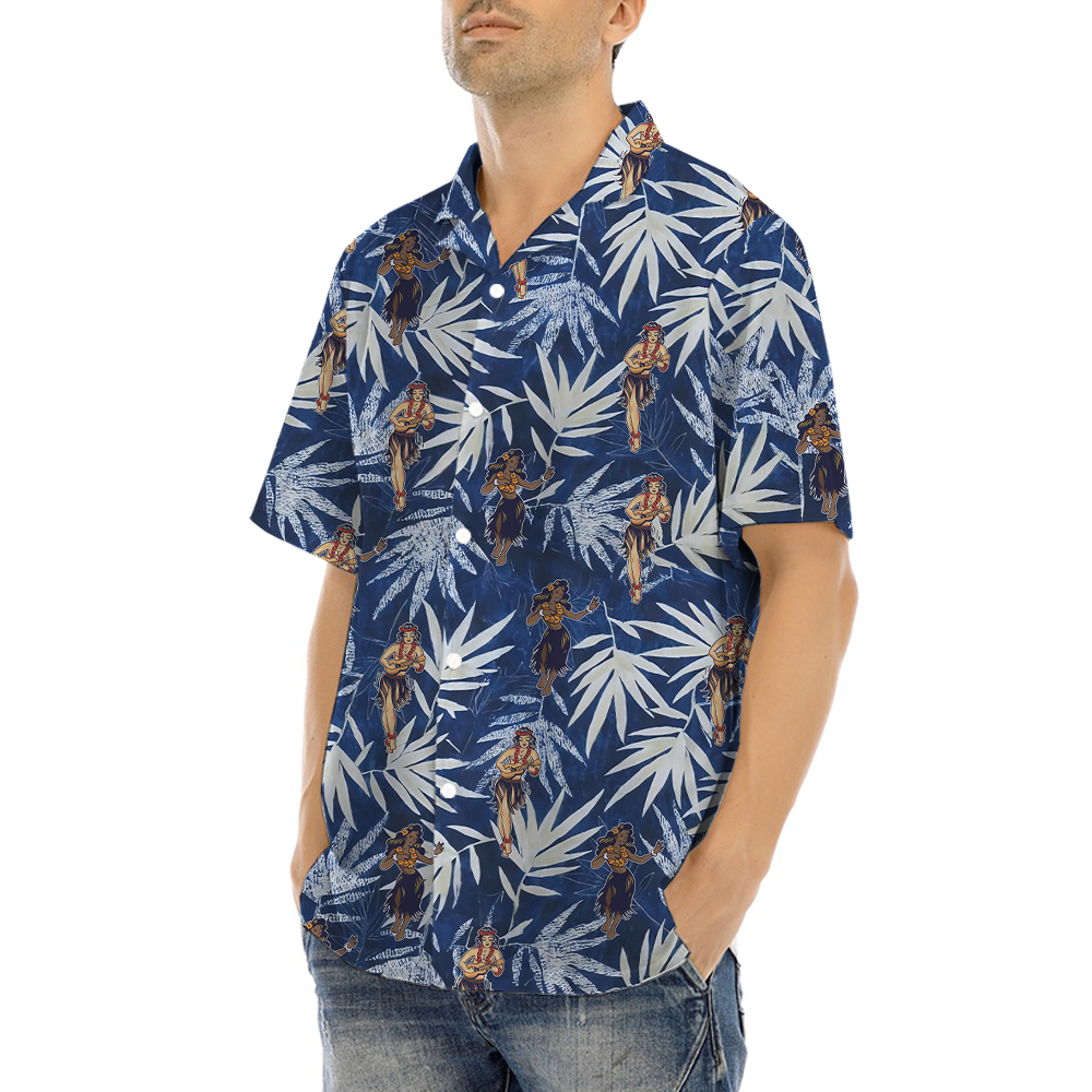 Hula Girl Dancing Vintage Blue Hawaiian Shirt