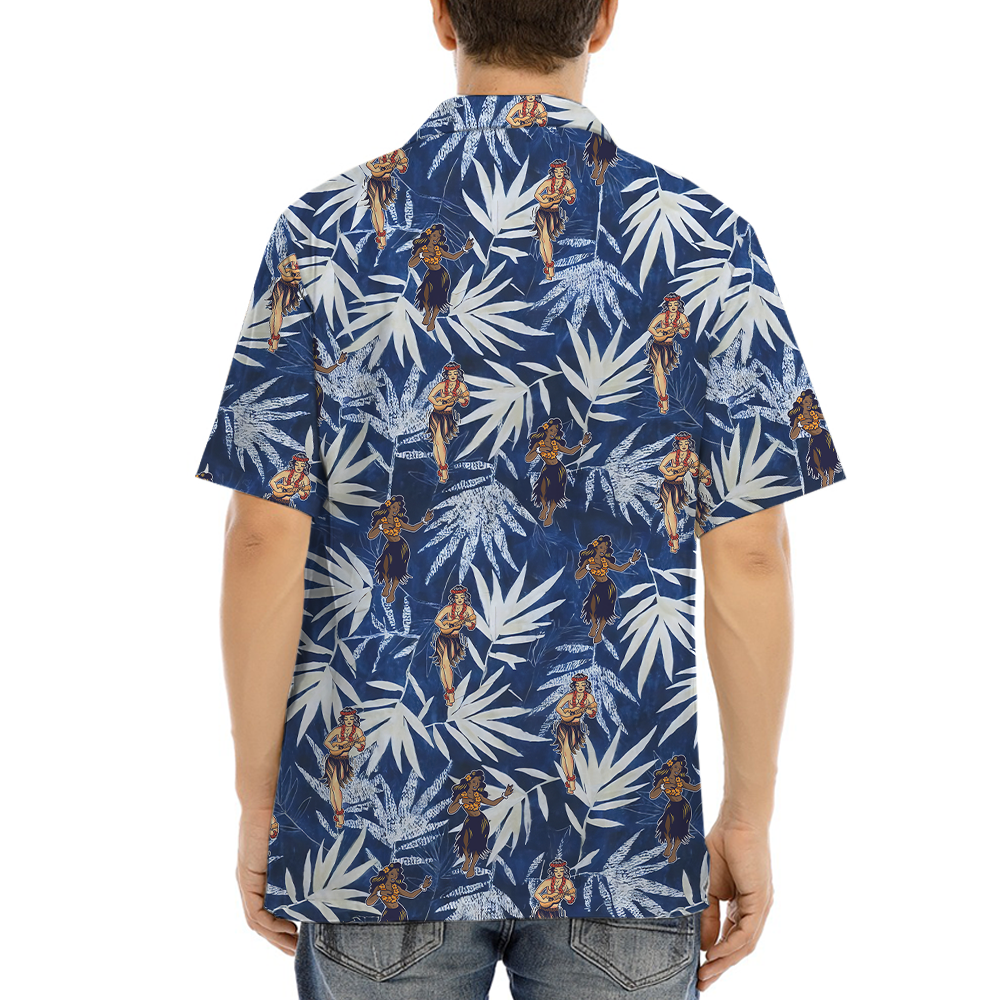 Hula Girl Dancing Vintage Blue Hawaiian Shirt
