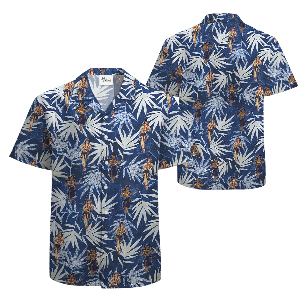 Hula Girl Dancing Vintage Blue Hawaiian Shirt