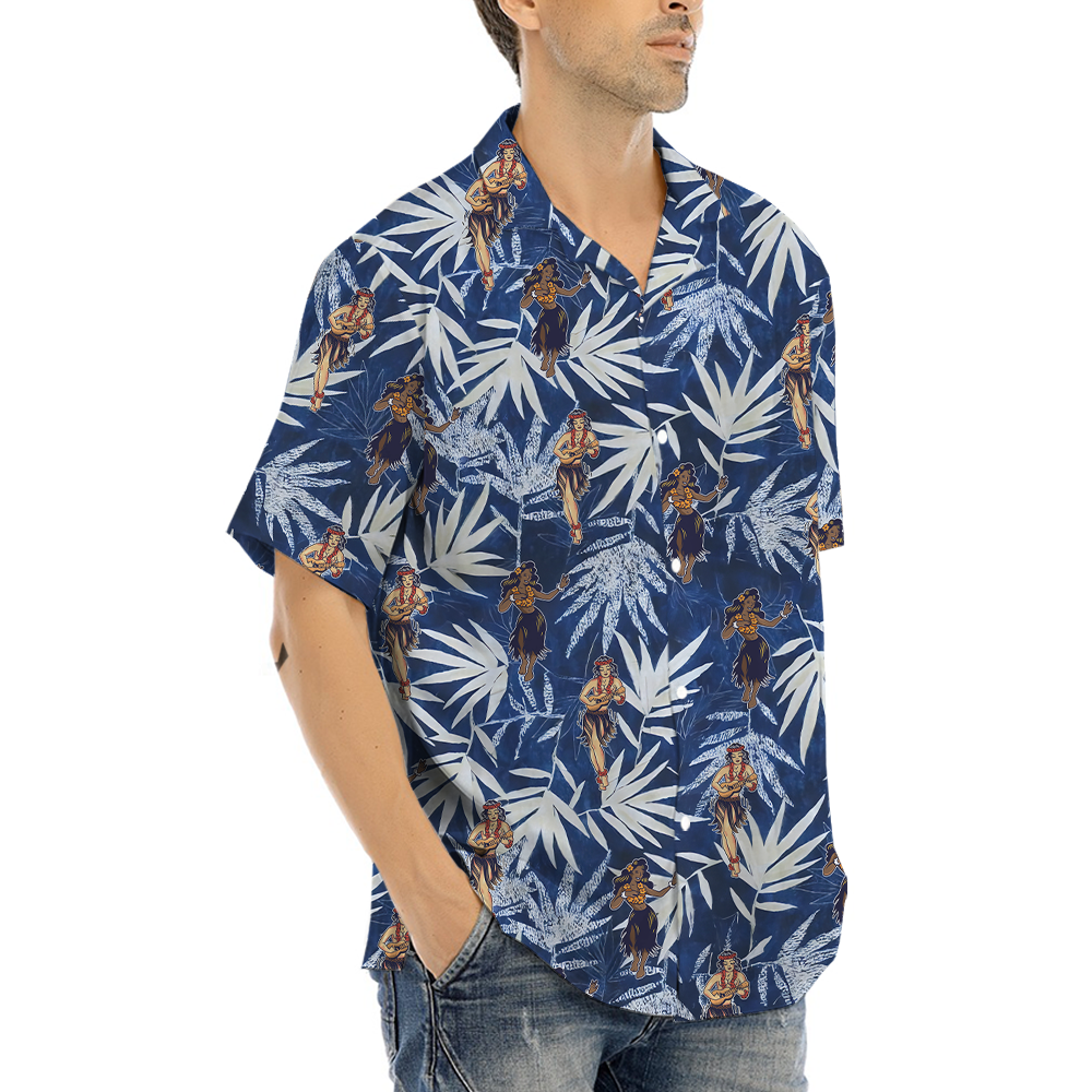 Hula Girl Dancing Vintage Blue Hawaiian Shirt