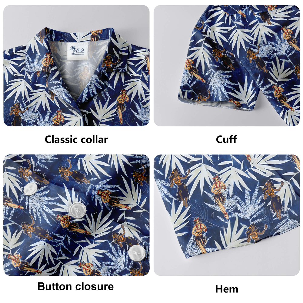 Hula Girl Dancing Vintage Blue Hawaiian Shirt