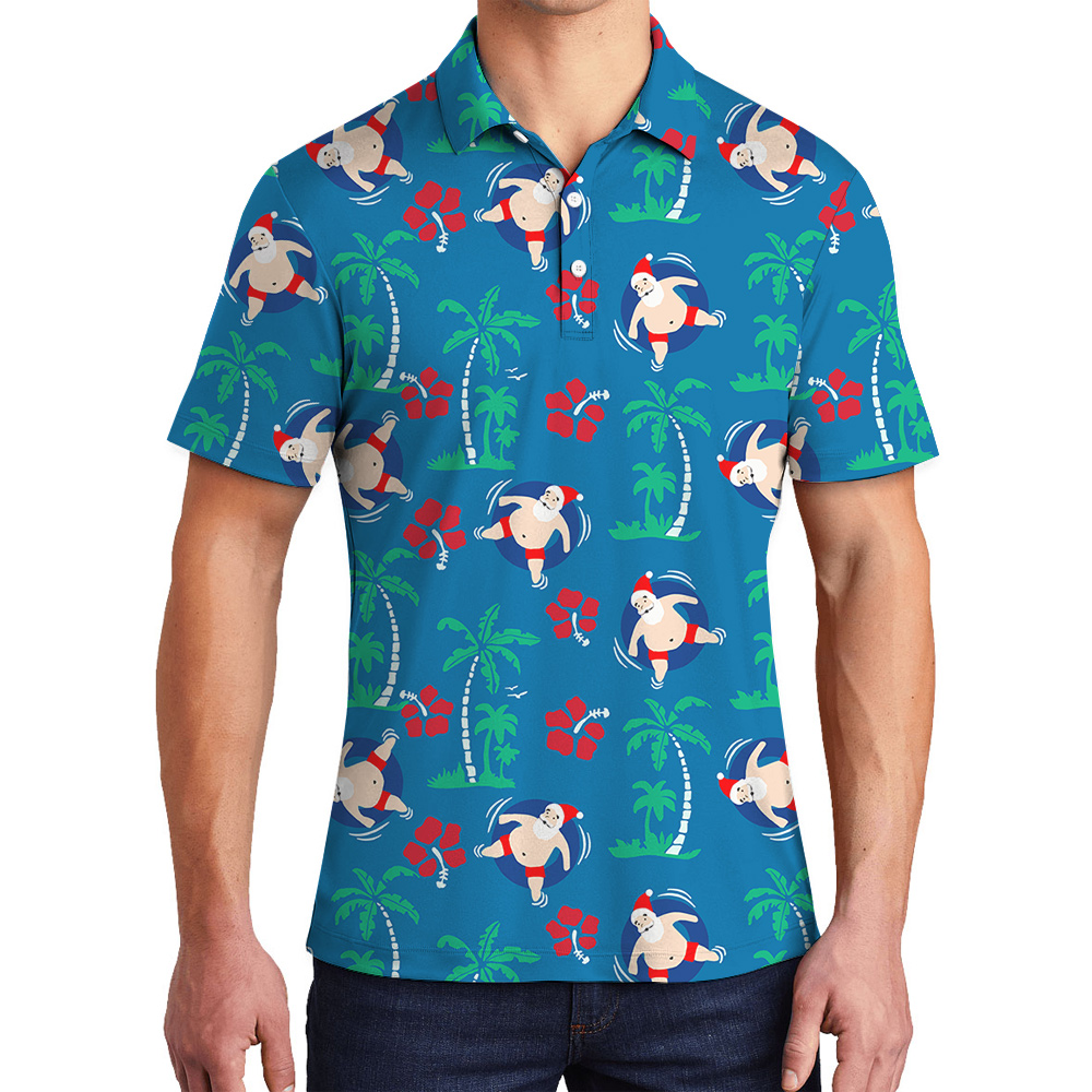 Santa Swimming Aussie Xmas Hawaiian Polo Golf Shirt - variant image 1