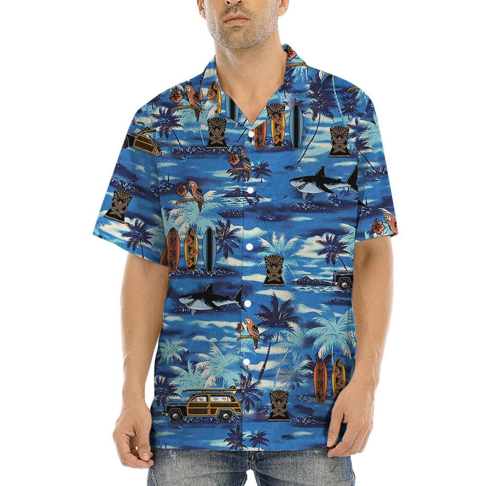 Vintage Tiki Tropical Island Blue Aloha Shirt - variant image 1
