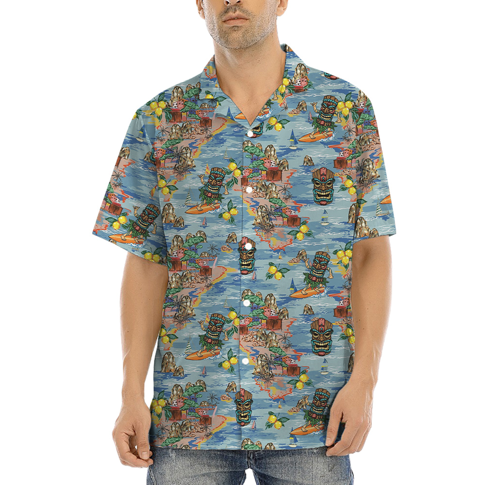 Colorful Tiki Surfing Tropical Blue Hawaiian Shirt - variant image 1