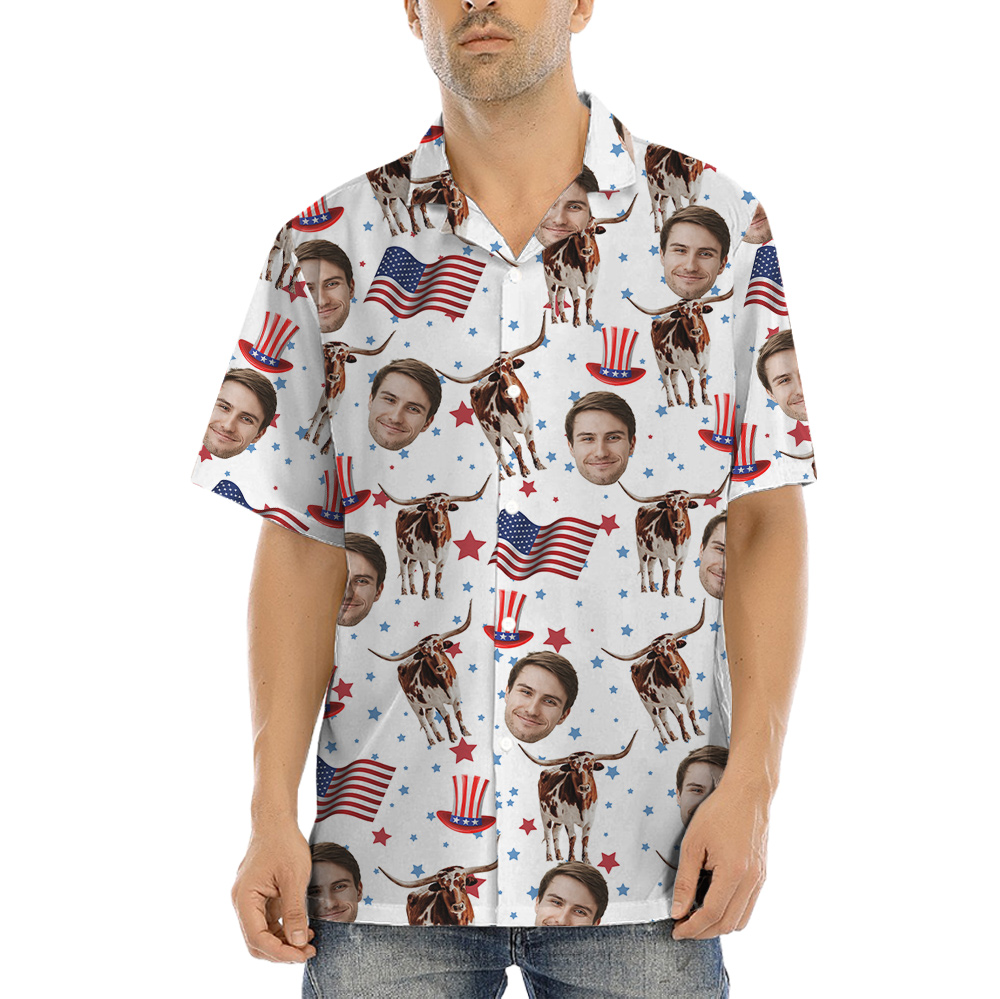Longhorn American Flag Hawaiian Shirt With Custom Face - variant image 1