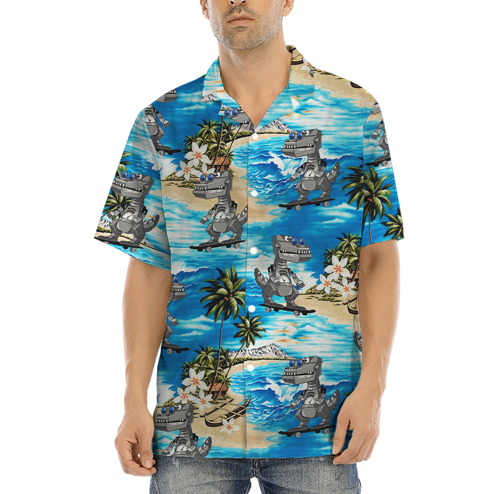 Funny Dinosaur Robot Tropical Blue Hawaiian Shirt - variant image 1