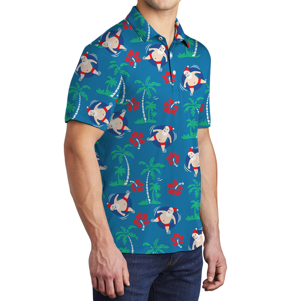 Santa Swimming Aussie Xmas Hawaiian Polo Golf Shirt