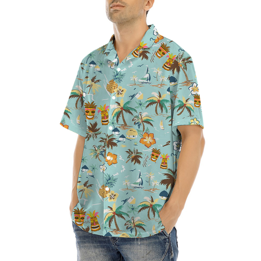 Tropical Palm Trees Tiki Hawaiian Button Up Shirt