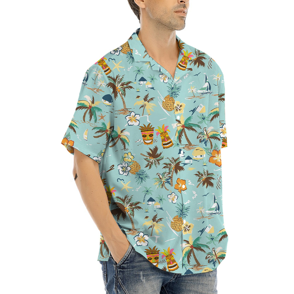 Tropical Palm Trees Tiki Hawaiian Button Up Shirt
