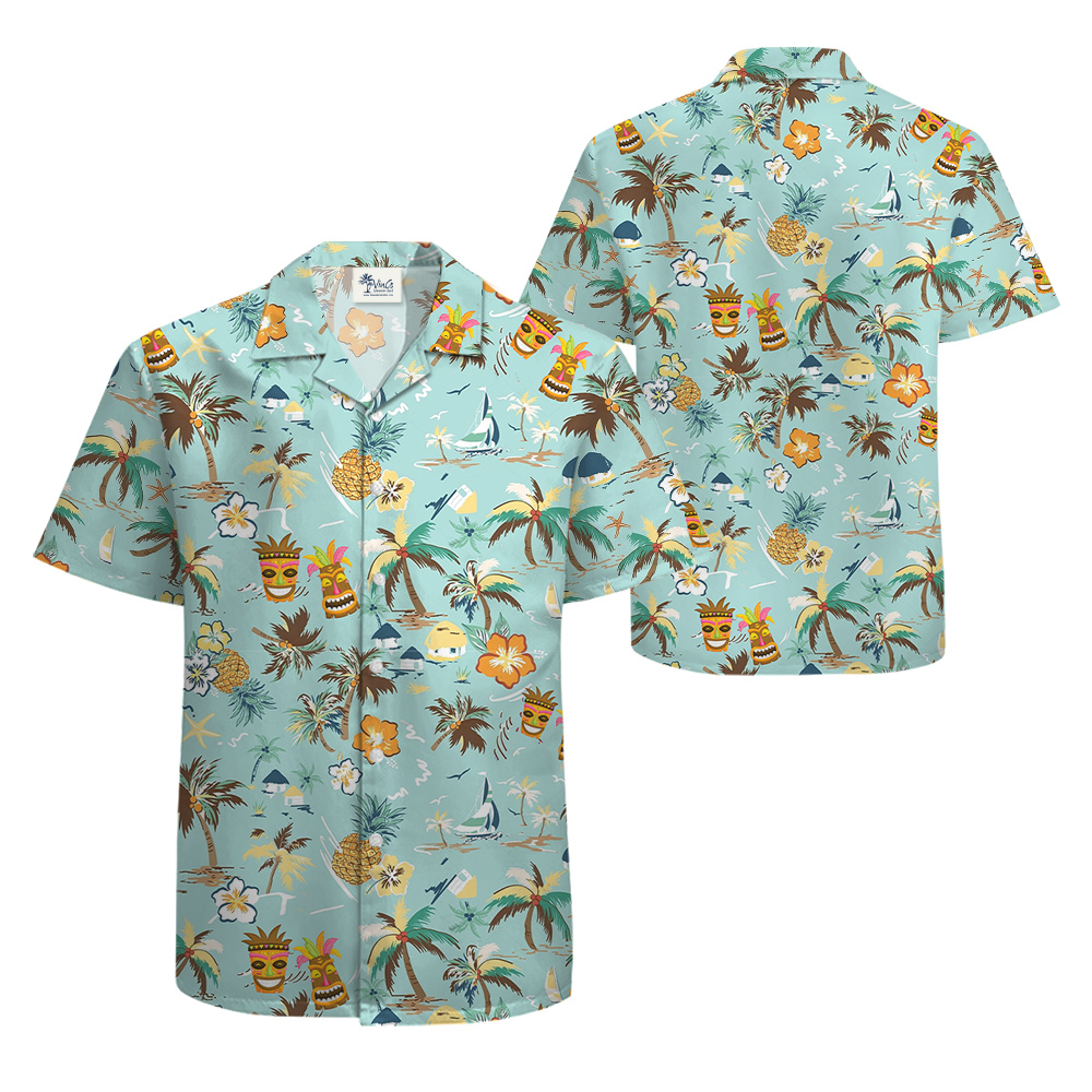 Tropical Palm Trees Tiki Hawaiian Button Up Shirt