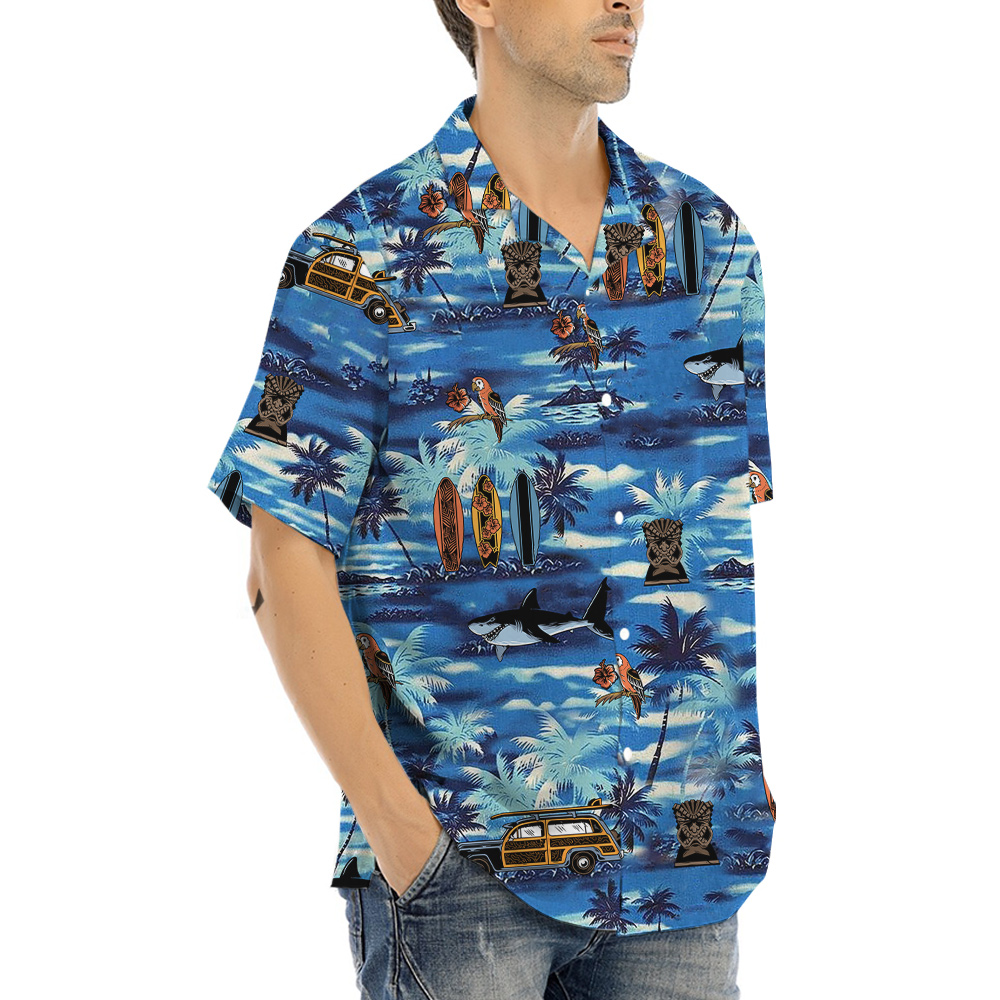 Vintage Tiki Tropical Island Blue Aloha Shirt