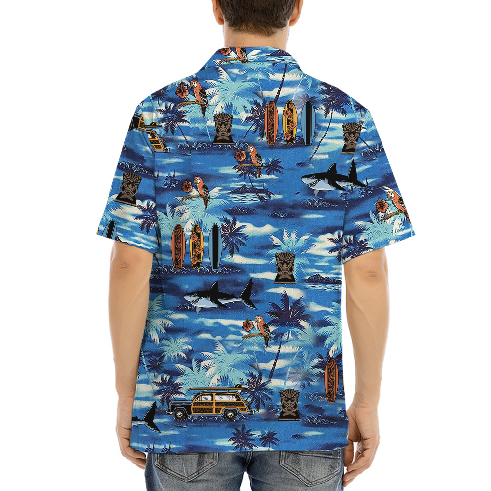 Vintage Tiki Tropical Island Blue Aloha Shirt
