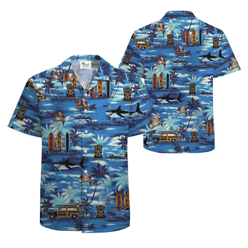 Vintage Tiki Tropical Island Blue Aloha Shirt