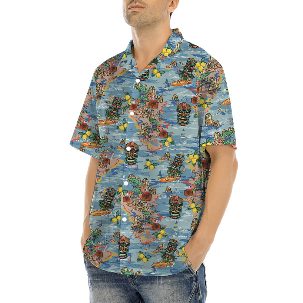 Colorful Tiki Surfing Tropical Blue Hawaiian Shirt