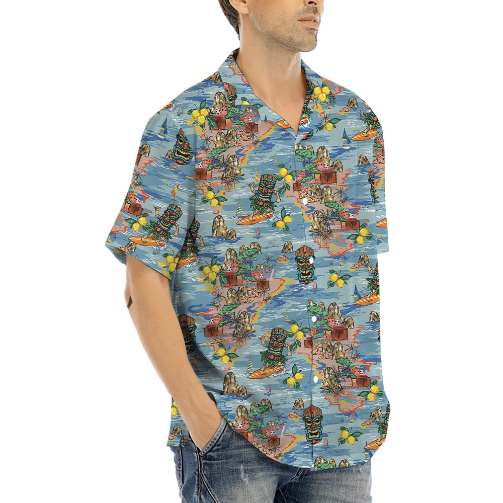 Colorful Tiki Surfing Tropical Blue Hawaiian Shirt