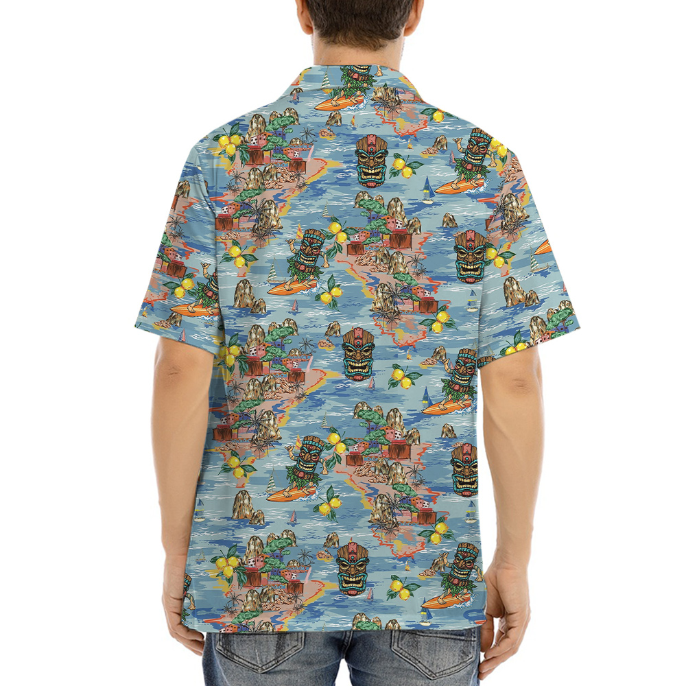 Colorful Tiki Surfing Tropical Blue Hawaiian Shirt