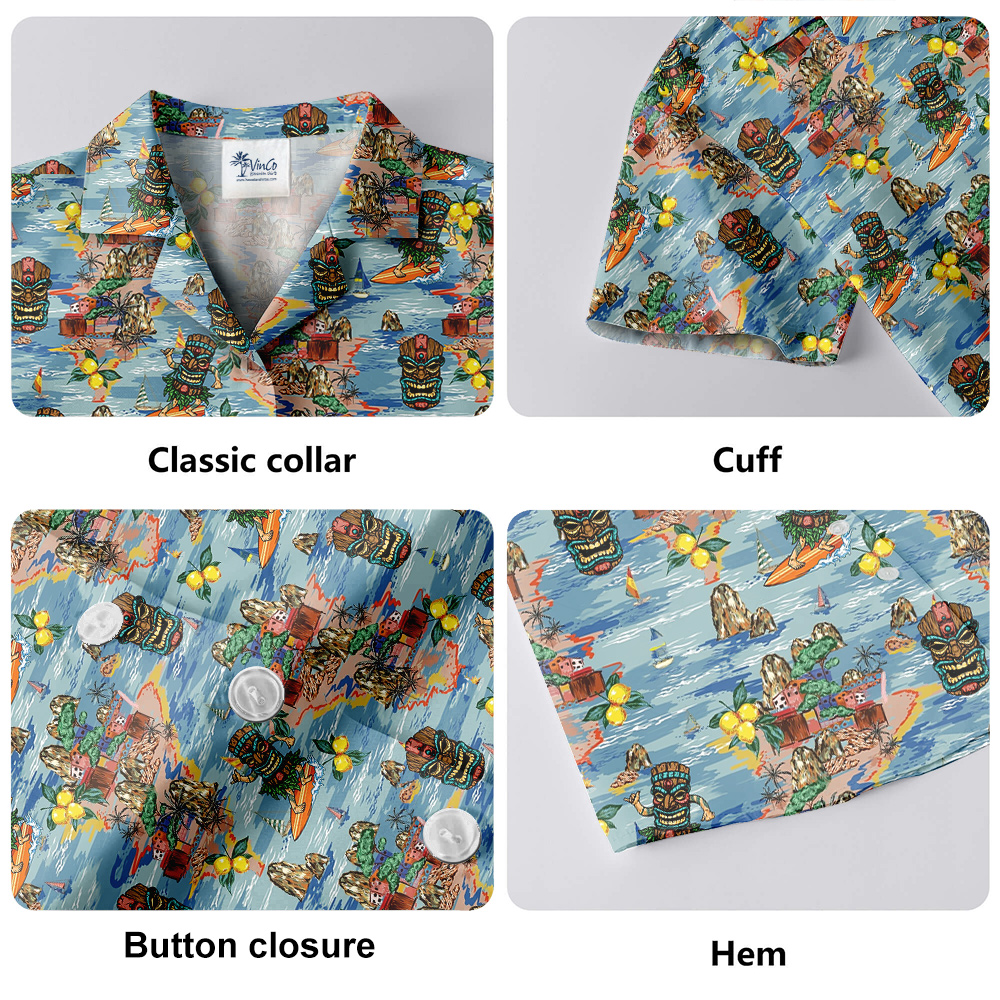 Colorful Tiki Surfing Tropical Blue Hawaiian Shirt