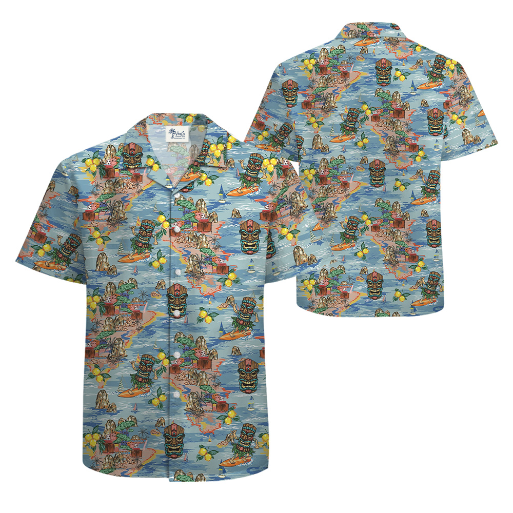 Colorful Tiki Surfing Tropical Blue Hawaiian Shirt
