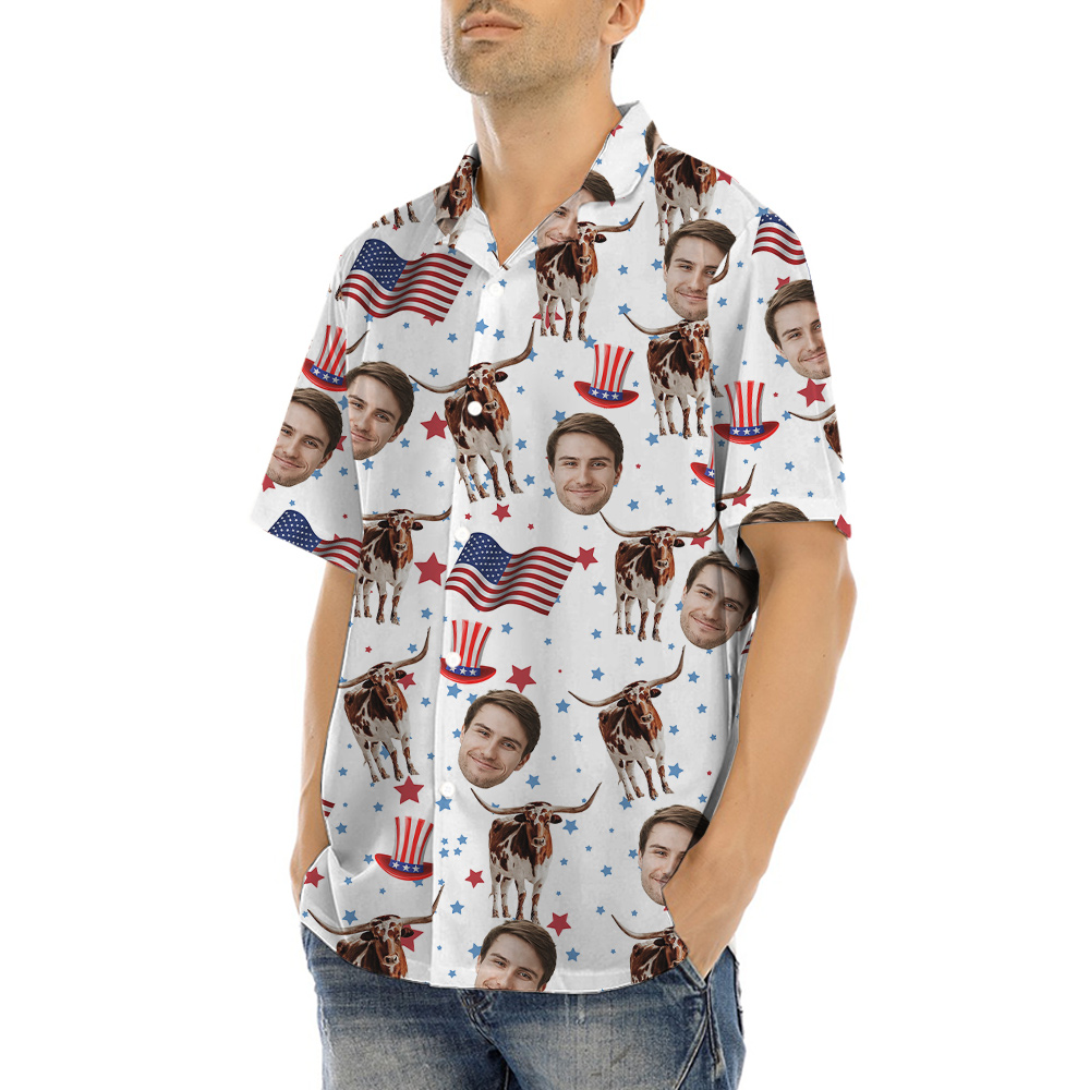 Longhorn American Flag Hawaiian Shirt With Custom Face
