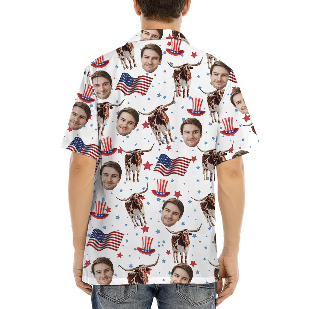 Longhorn American Flag Hawaiian Shirt With Custom Face