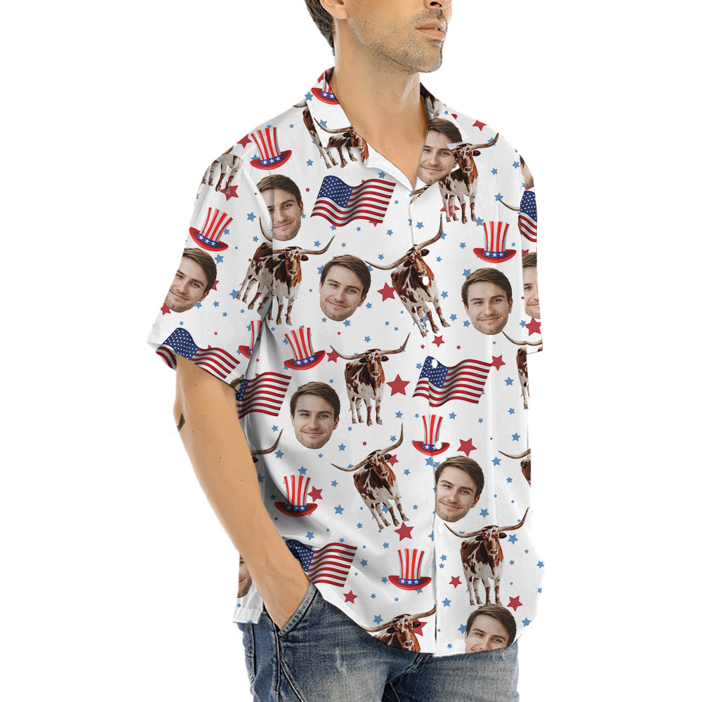 Longhorn American Flag Hawaiian Shirt With Custom Face