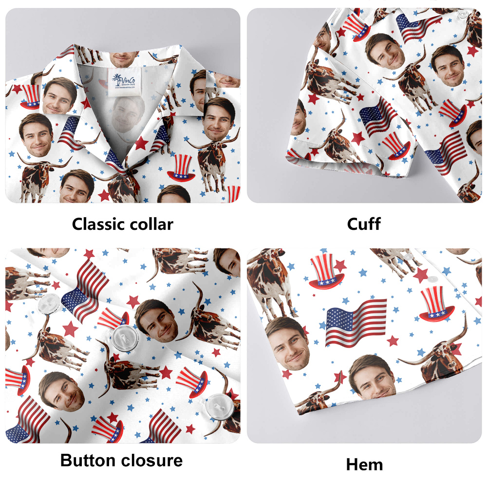 Longhorn American Flag Hawaiian Shirt With Custom Face