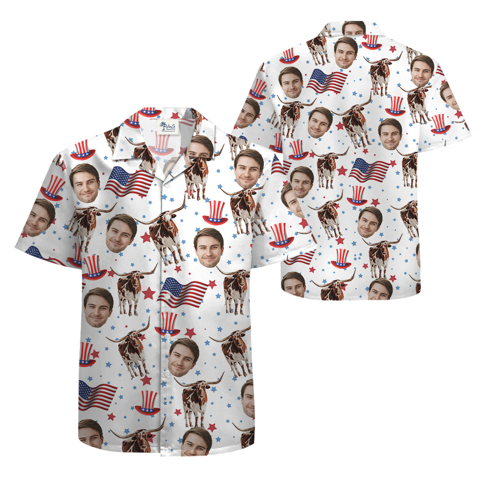Longhorn American Flag Hawaiian Shirt With Custom Face