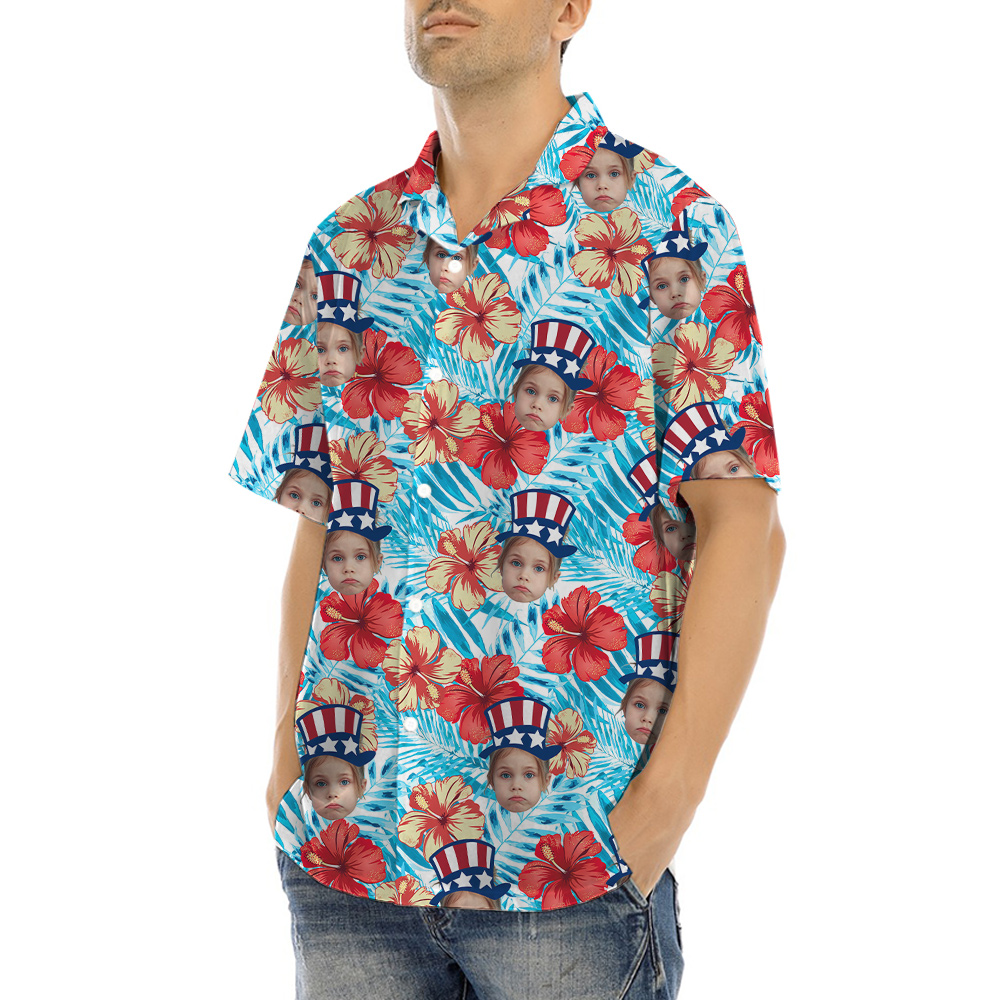 Cute Custom Face 4th Of July Hibiscus Hawaiian Shirt