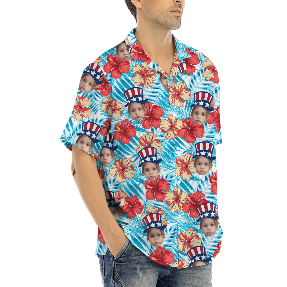 Cute Custom Face 4th Of July Hibiscus Hawaiian Shirt