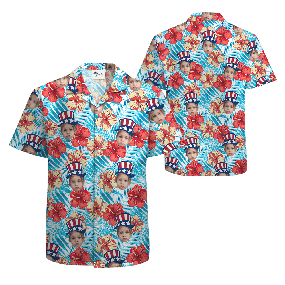 Cute Custom Face 4th Of July Hibiscus Hawaiian Shirt