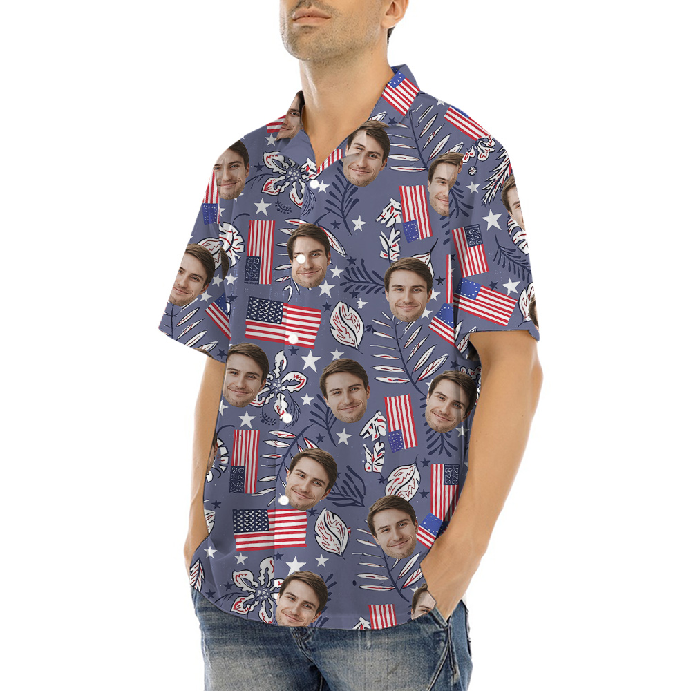 Custom Face American Flag Retro Style Hawaiian Shirt