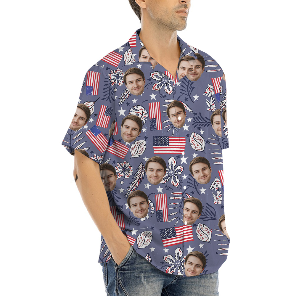 Custom Face American Flag Retro Style Hawaiian Shirt