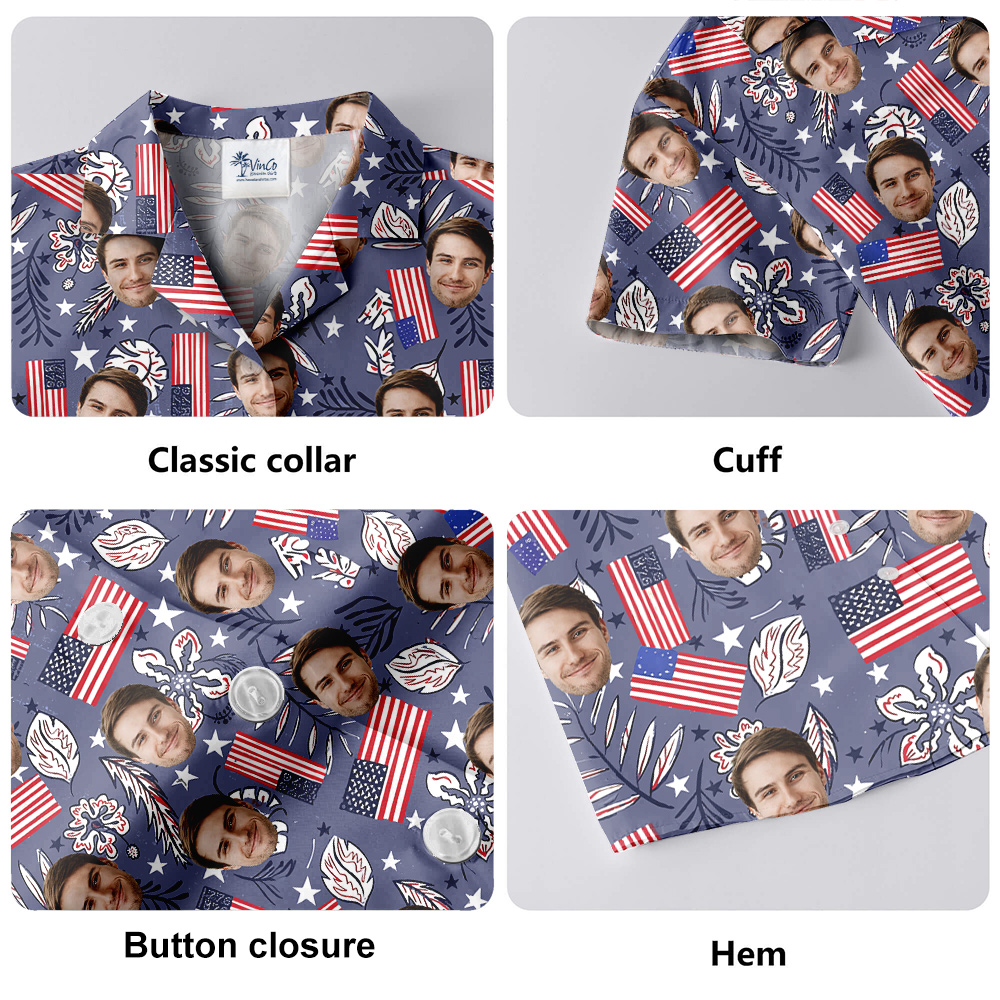 Custom Face American Flag Retro Style Hawaiian Shirt