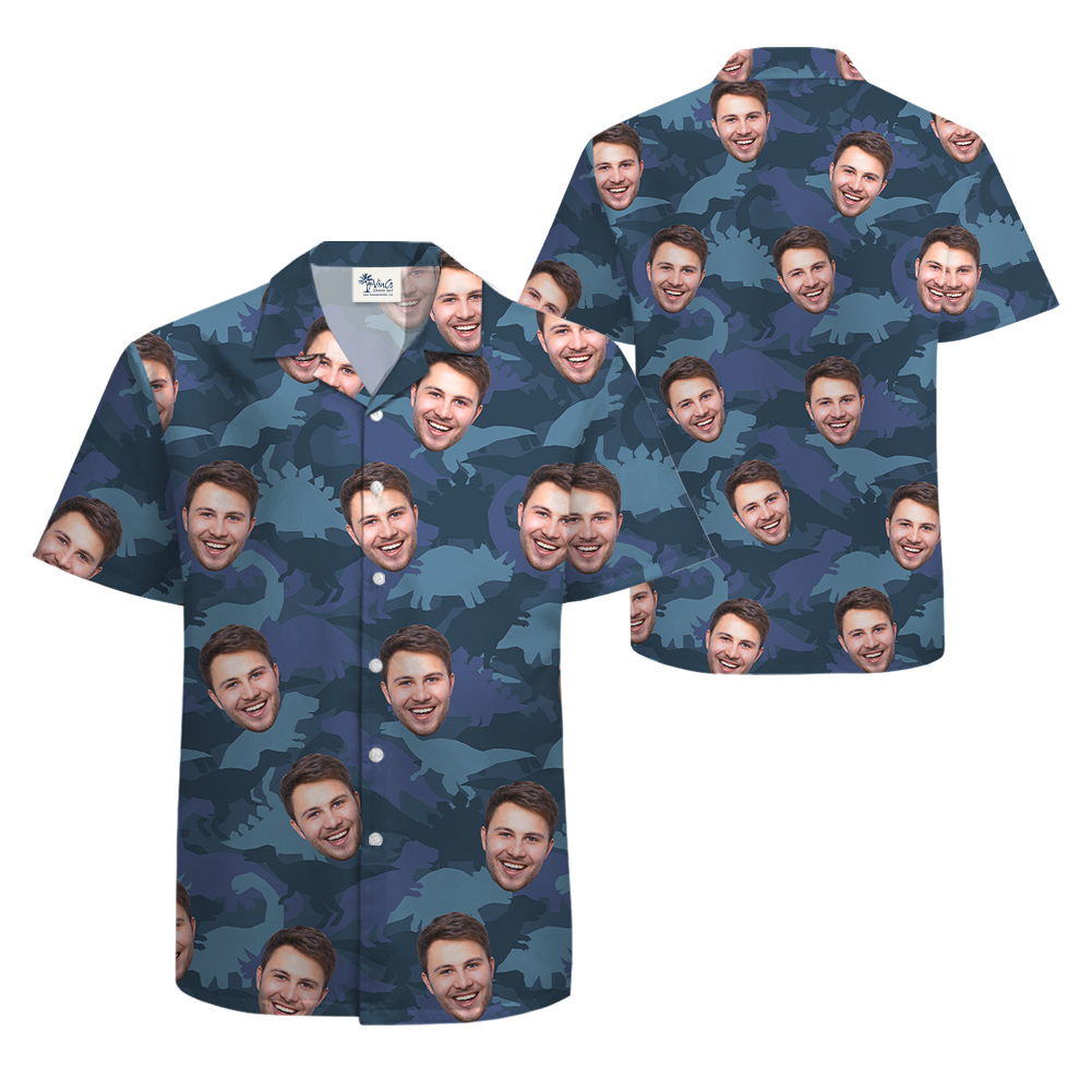 Camouflage Dinosaur Hawaiian Shirt With Custom Face