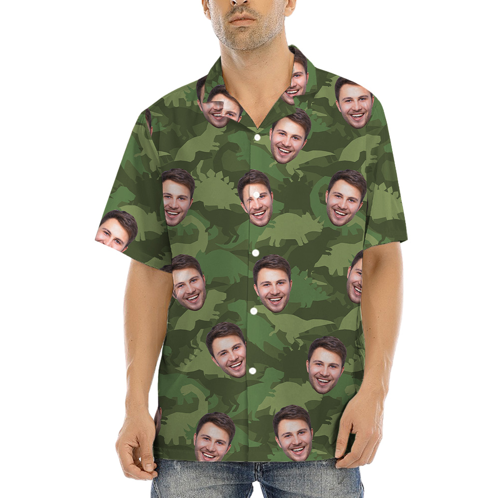 Camouflage Dinosaur Hawaiian Shirt With Custom Face