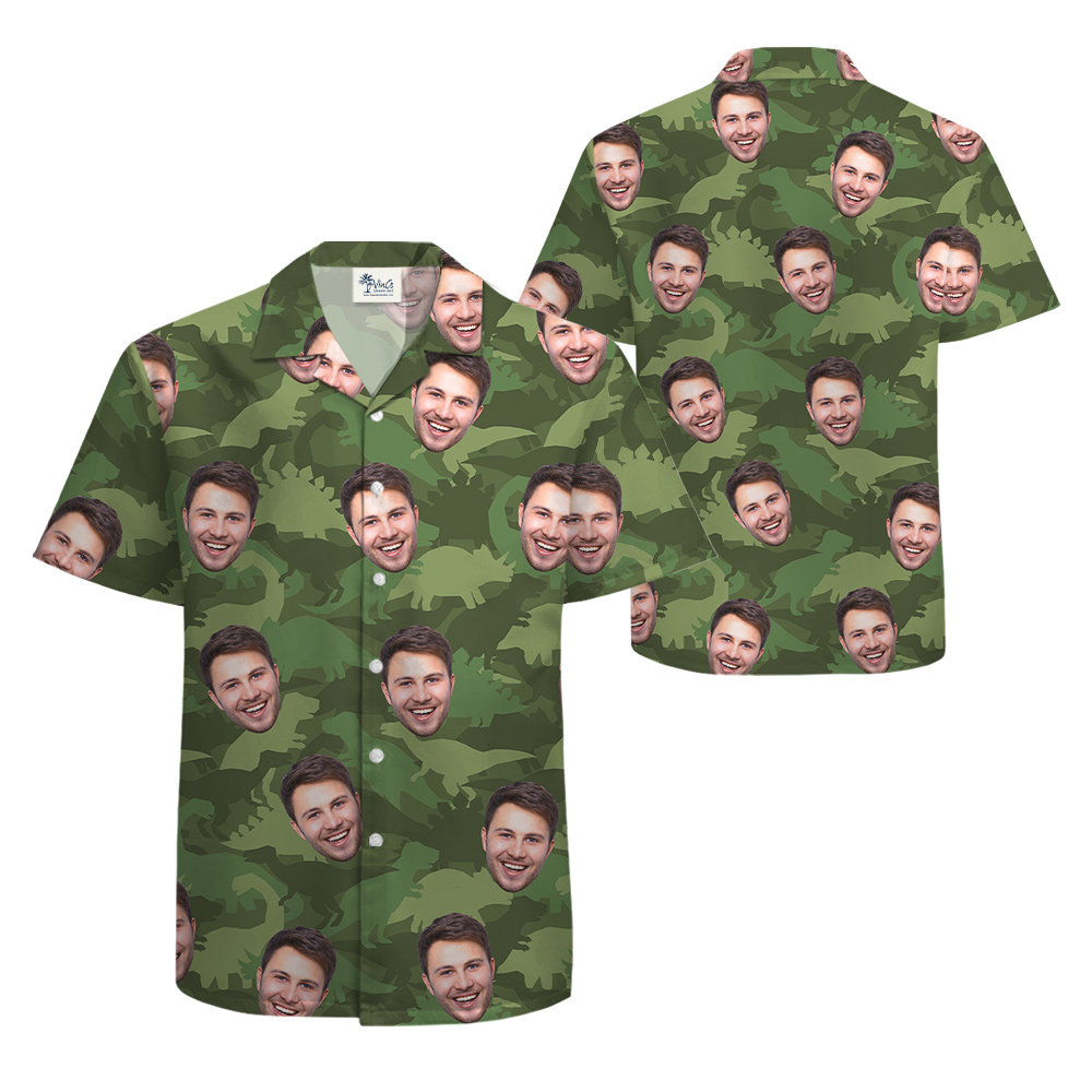 Camouflage Dinosaur Hawaiian Shirt With Custom Face
